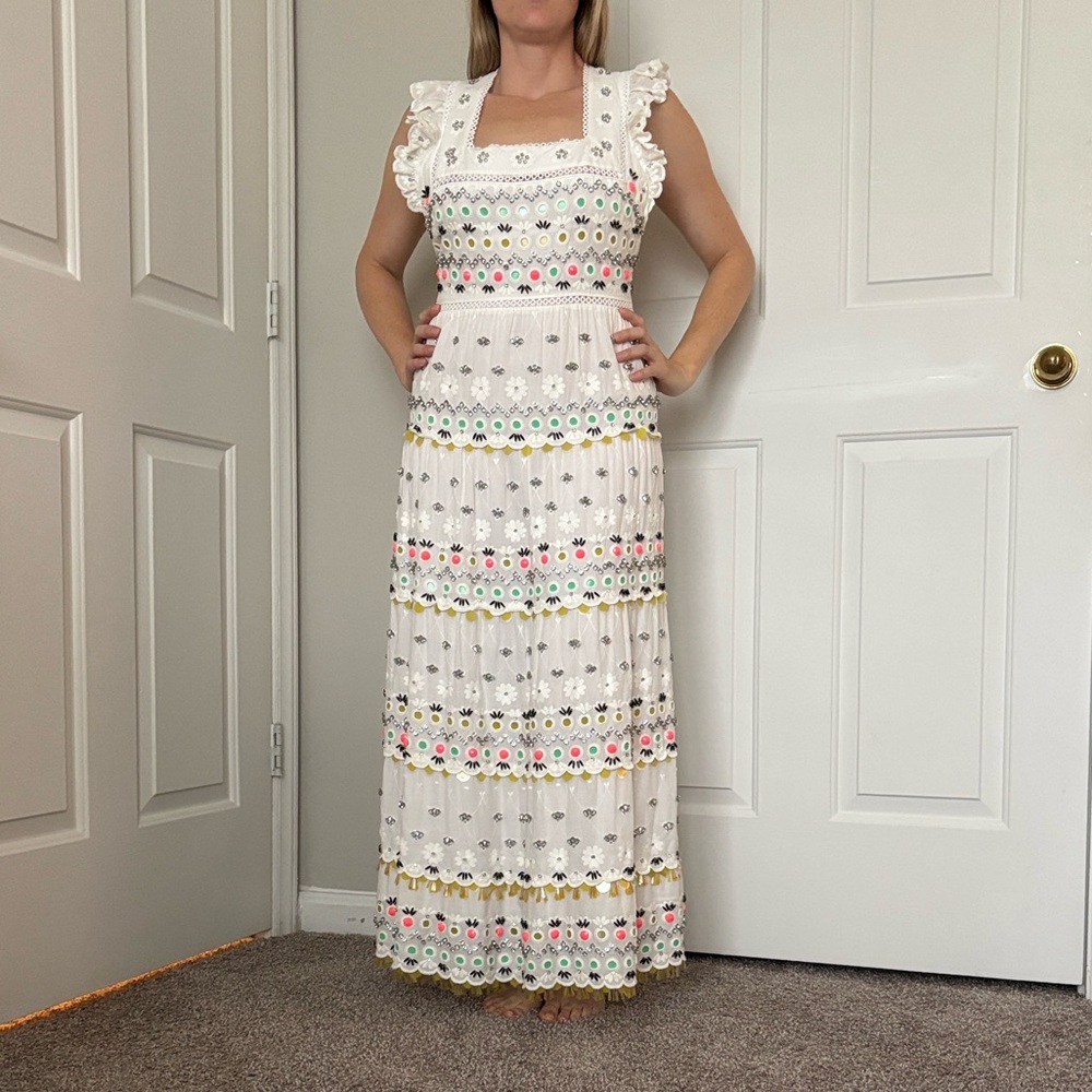 Kate Spade White Eyelet Embellished Maxi Dress with Colorful Floral Accents RARE